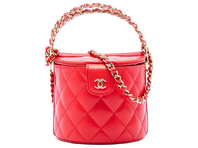 Chanel Red CC gesteppte Lammleder Round Vanity Case mit Griff und Kette Rot