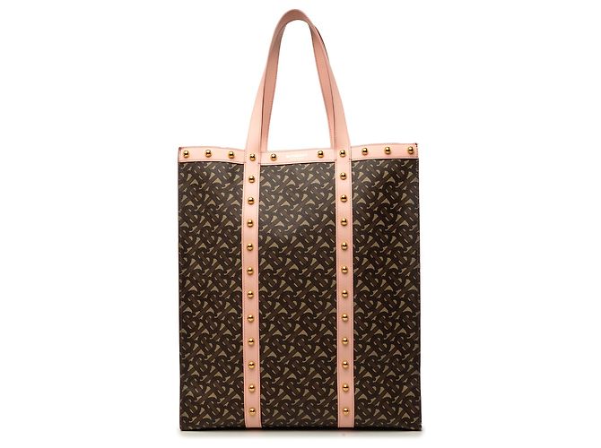 Tote Vertical Burberry Brown TB Monogram E Canvas e couro com tachas