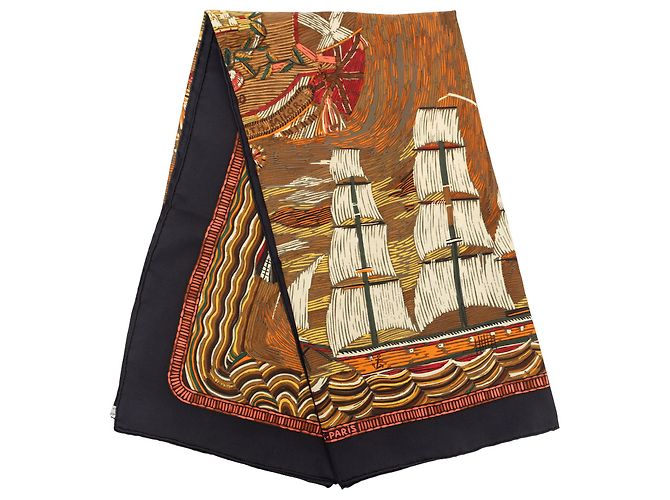 Lenço de seda Hermès Brown Marine Naive 90 Marrom