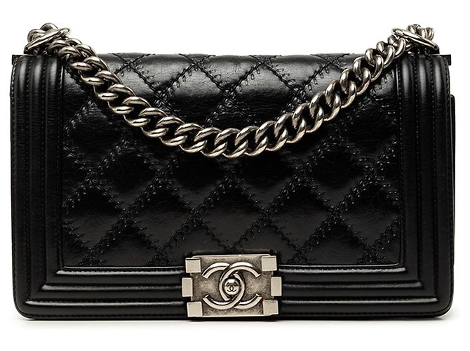 Chanel Black Old Medium Quilted Lambskin Double Stitch Boy Flap Noir