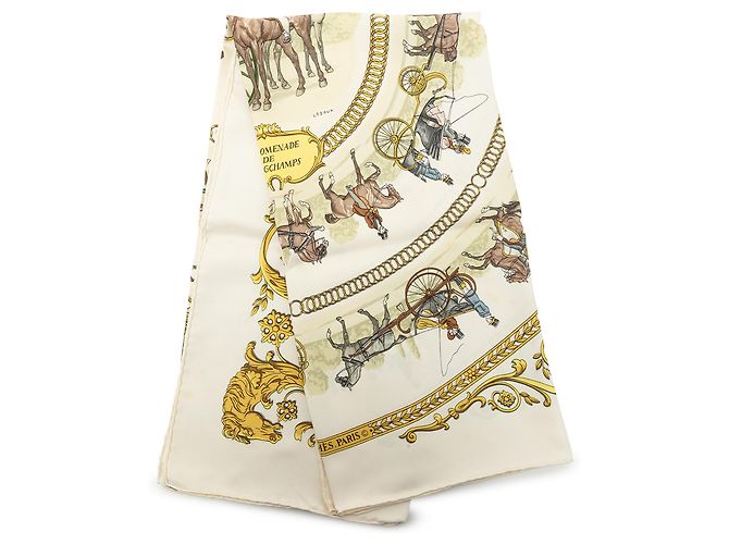 Lenço de seda Hermès Beige La Promenade de Longchamps 90 Bege