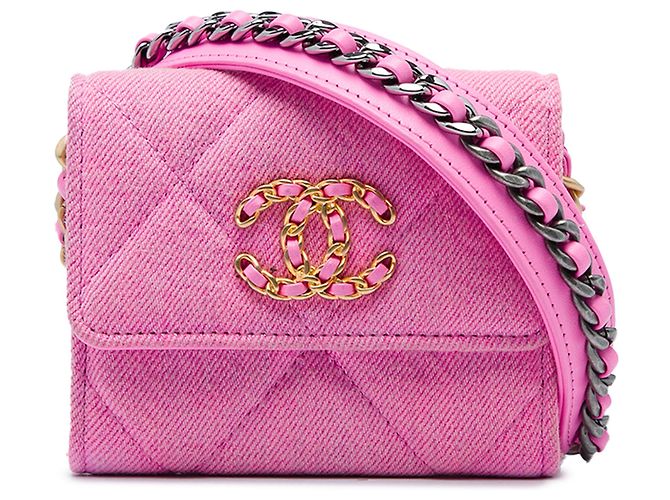 Porta-moedas Chanel 19 Flap em denim acolchoado rosa com corrente