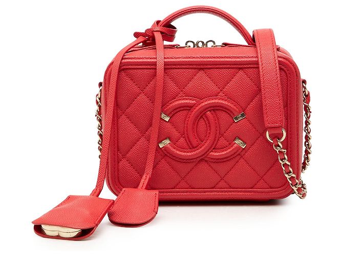 Chanel Red Small Caviar CC Filigree Vanity Case Rouge