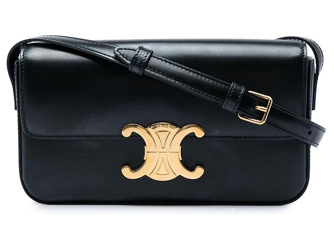 Céline Borsa a tracolla Celine Claude in pelle di vitello lucida nera con Triomphe Nero