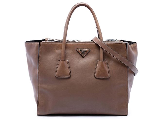 Double Borsa Prada in vitello spalmato marrone con doppio manico e doppia tasca