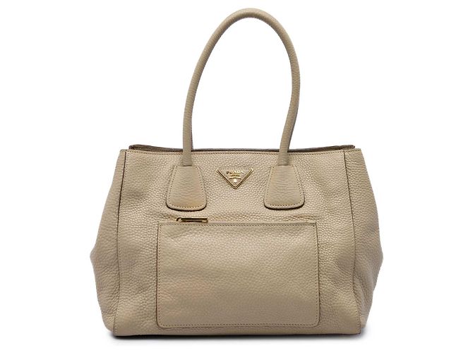 Tote Aberto Conversível Prada Beige Vitello Daino com Bolso Frontal Bege