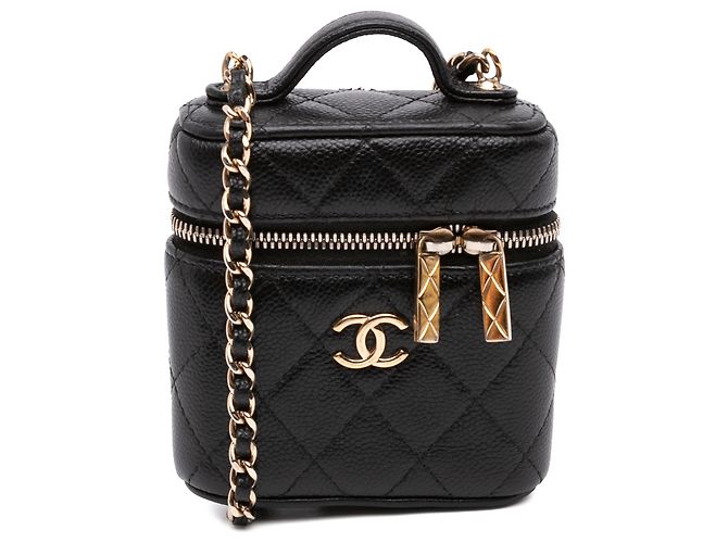 Chanel Mini Vanity Case em couro Caviar preto com pega e estojo de cuidados