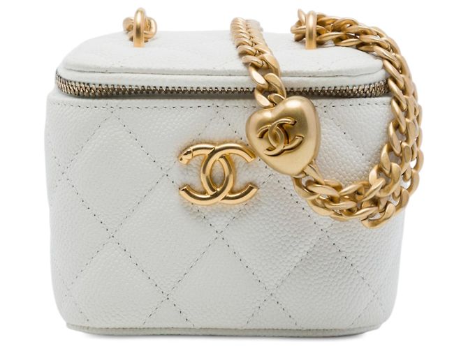 Mini vanity case Chanel White Quilted Caviar CC Sweetheart com corrente Branco