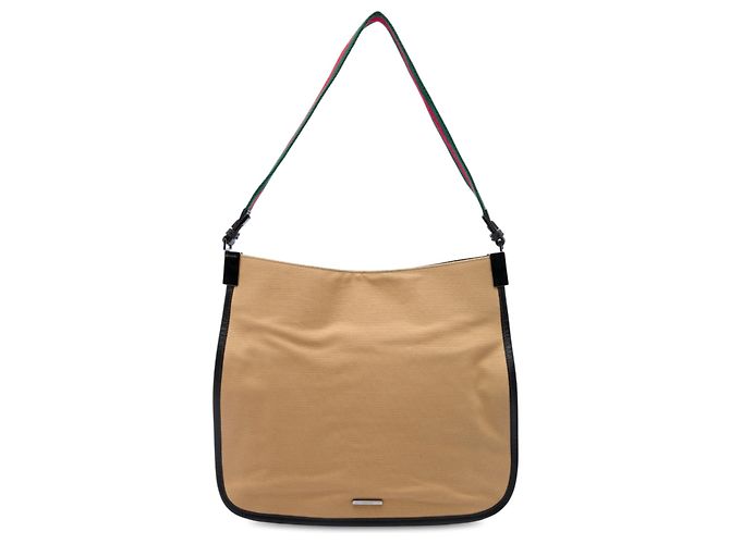 Bolsa de Ombro Gucci em Lona Bege com Web