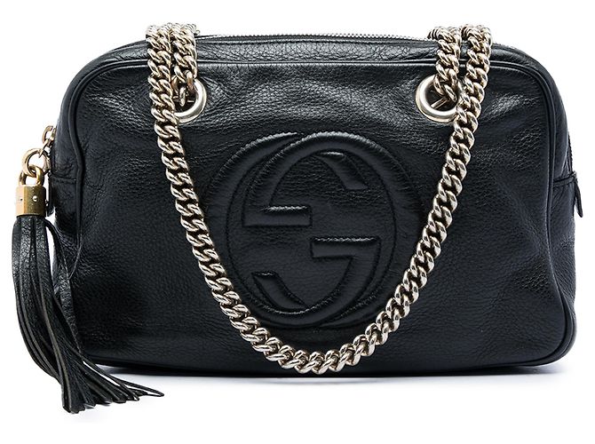 Bolsa de Ombro Soho com Corrente e Zíper em Couro de Bezerro Grão Preto Gucci