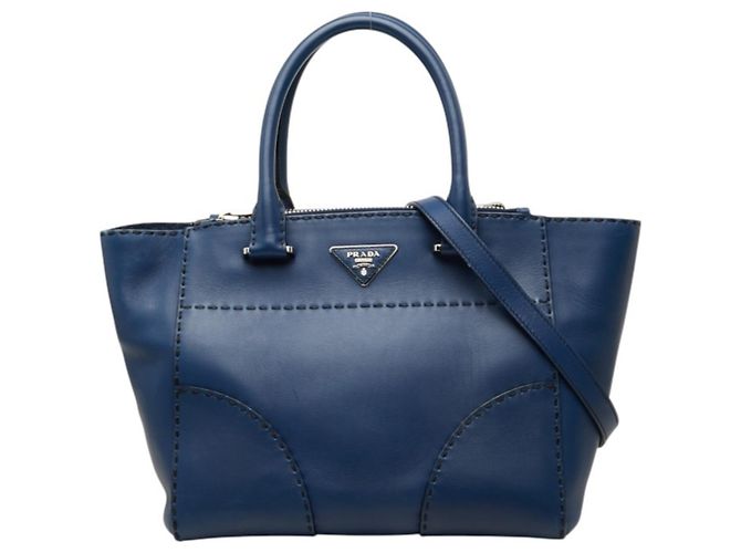 Prada Triangle Logo Plate Handbag - Navy Leather Navy blue