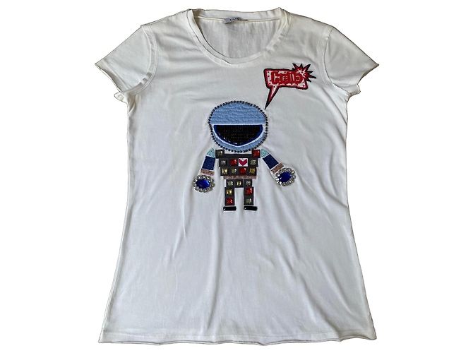 Autre Marque MAX&Co. T-shirt de algodão branco com aplicação de robô Vermelho Azul Multicor