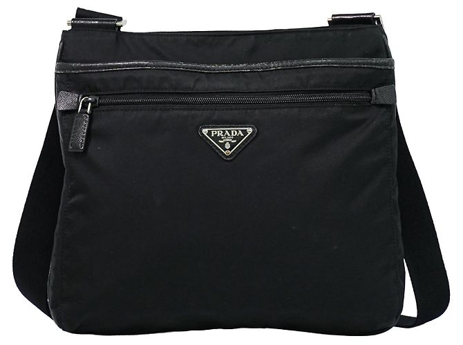 Prada Front Zip Messenger Quilted Tessuto Medium Black