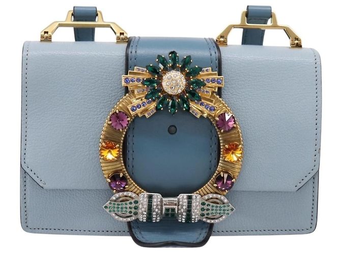 Miu Miu Madras Crystal Buckle Leather Small Bleu