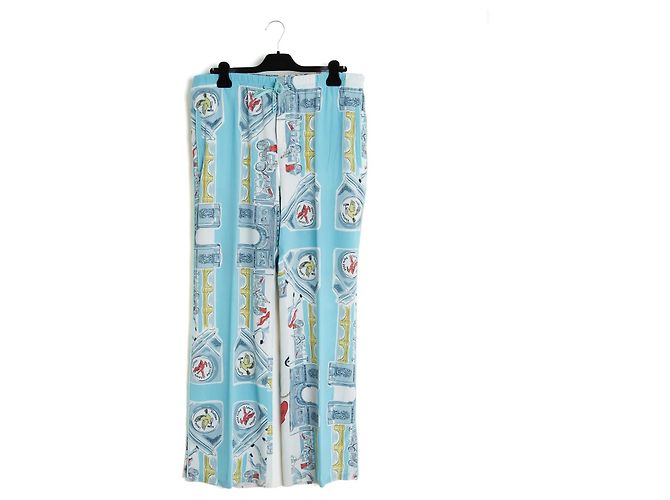 Louis Vuitton Paris 2054 bedruckte Seidenhose Weiß Blau Mehrfarben
