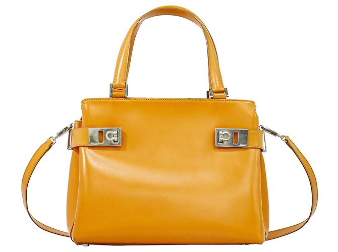 Salvatore Ferragamo Double Gancini Side Buckle Leather Medium Laranja