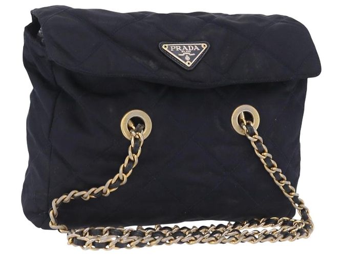 PRADA Chain Shoulder Bag Nylon Navy Gold Auth 206423 Golden Navy blue