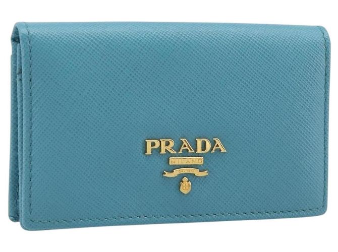 PRADA Card Case Saffiano leather Turquoise Blue Gold Auth BA16080A Golden