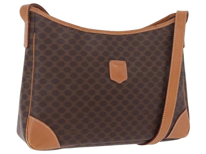 Céline Bolsa de Ombro CELINE Macadam Canvas PVC Leather Brown Gold Auth 206060 Marrom Dourado