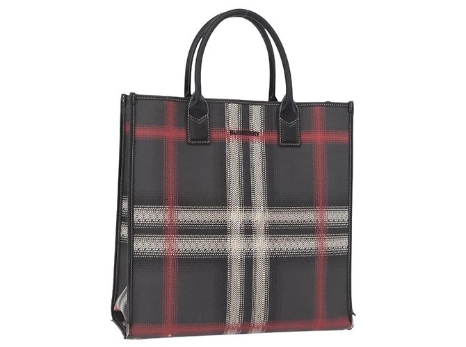 Bolsa de mão BURBERRY Nova Check PVC Leather Black Red Auth 205962 Preto Vermelho