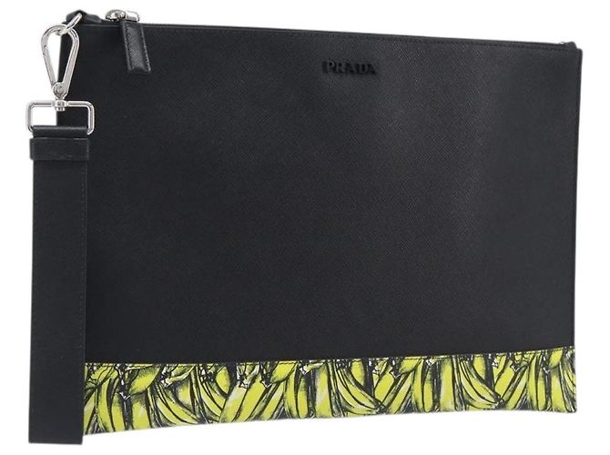 Saffiano PRADA Clutch-Tasche aus Safiano-Leder Schwarz Silber Auth 206786M