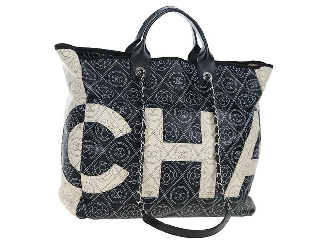 Borsa Tote a Tracolla con Catena CHANEL PVC Canvas 2way Nero Argento CC Auth LN223M