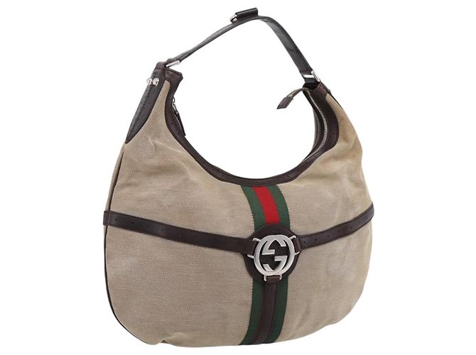 Bolsa de Ombro GUCCI Interlocking G Canvas Beige Silver 114871 Auth 207703 Prata Bege