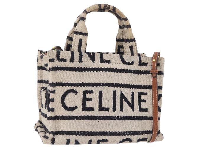Céline CELINE Small Cabas Tice Hand Bag Canvas 2way White Gold Auth BA15751 Blanco Dorado