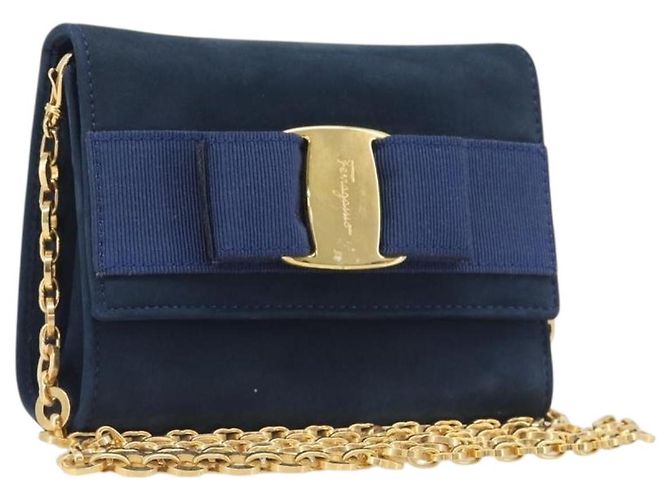 Borsa a tracolla Salvatore Ferragamo Vala Chain in camoscio blu navy e oro Auth 207538