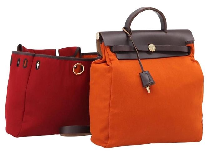 Hermès HERMES Herbag Ad PM Rucksack Canvas Leder 2way Orange Gold Auth 204861M Golden