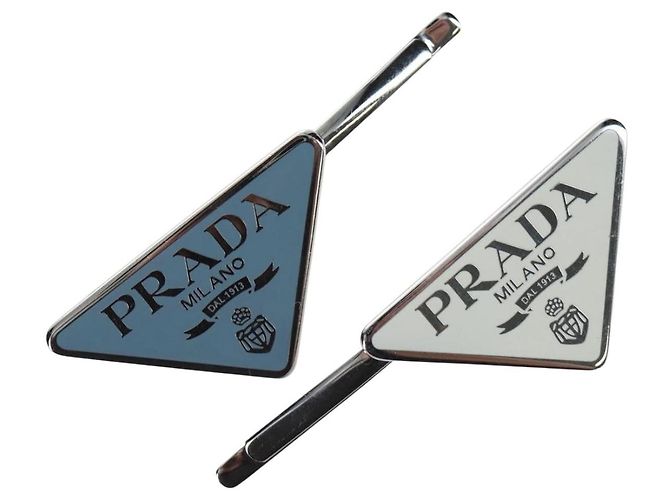 Fermi per Capelli PRADA Set di 2 Mollette in Metallo Argento Blu Auth 206677M
