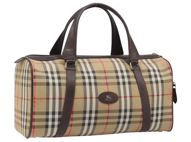 Bolsa Boston Burberrys Nova Check Canvas Bege Tom Dourado Auth BA16134