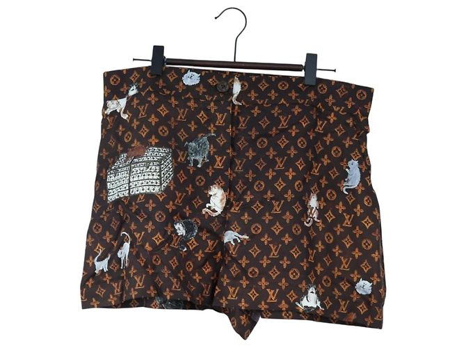 LOUIS VUITTON Shorts Catgram Calças Seda 40 Brown LV Auth BA15775SAM Marrom