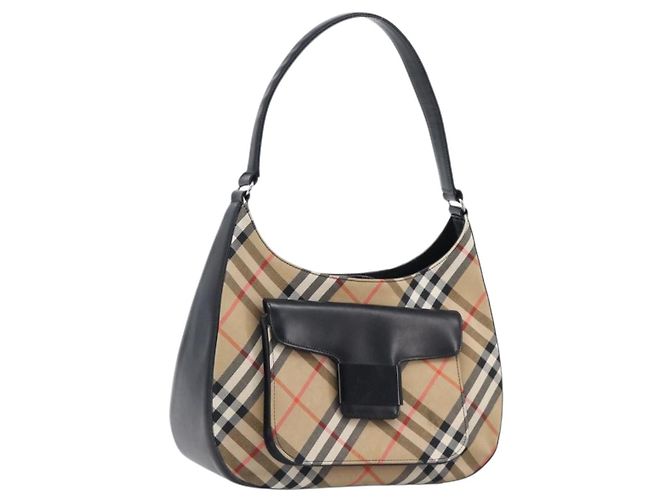 Bolsa de Ombro Burberrys Nova Check Canvas Beige Silver Auth 207696A Prata Bege