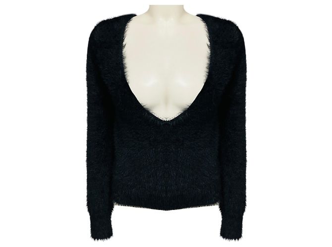 Dries Van Noten Schwarzer flauschiger Pullover mit langen Ärmeln und V-Ausschnitt