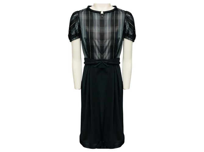 Dice Kayek Pink Label Midi-Kleid in Anthrazit mit buntem Karomuster und Schleifengürtel Grau
