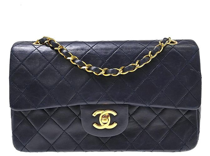 Chanel Vintage Classic Double Flap Quilted Lambskin Medium Bleu Marine