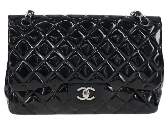 Chanel Vintage Classic Double Flap Quilted Patent Medium Noir
