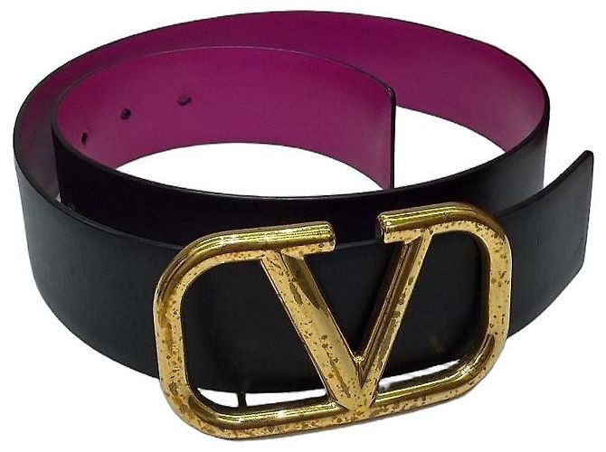 Valentino Garavani VLogo Gürtel Schwarz Leder Pink Golden