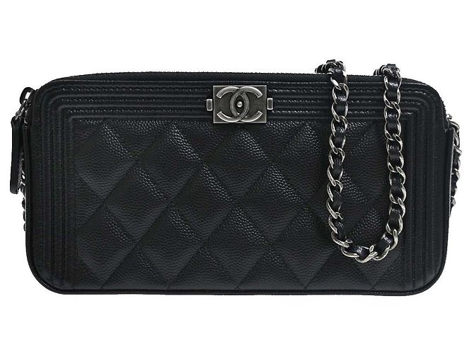 Chanel Boy Double Zip Clutch mit Kette aus gestepptem Lammleder Schwarz