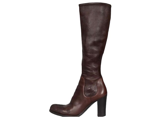 Prada Kniehohe Stiefel aus braunem Leder mit Stickerei an der Spitze, Größe 35.5, Gebraucht