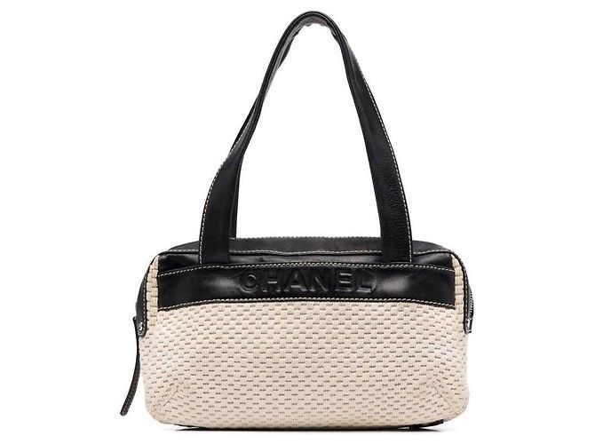 Bolsa de ombro Chanel em algodão creme e couro preto Cru