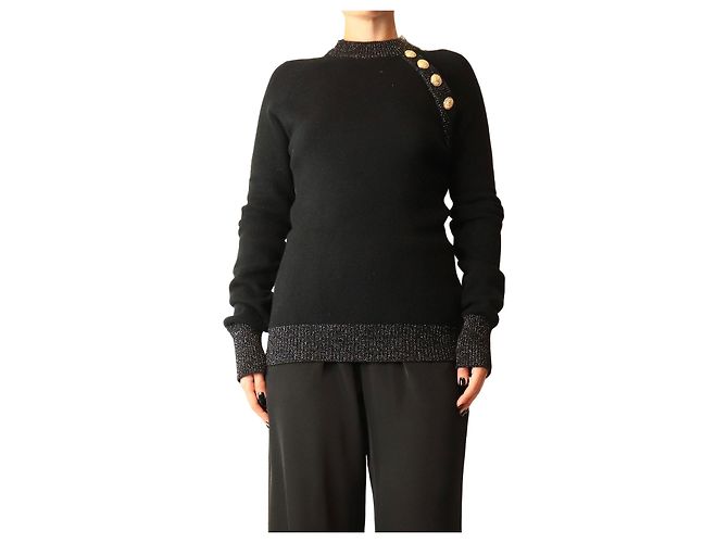 Balmain Schwarzer Lurex-Wollpullover mit Goldknöpfen - size UK 10