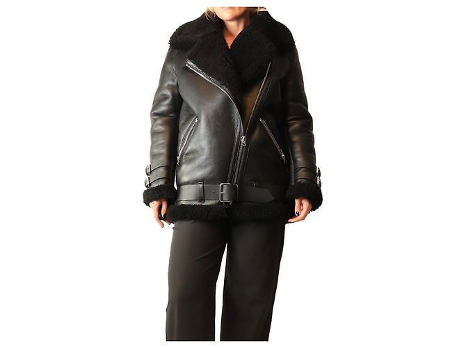 Acne Giacca in pelle e montone nera - size UK 8 Nero