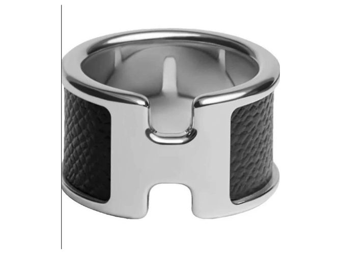 Hermès "H" Ring aus Silber und schwarzem Leder Mehrfarben