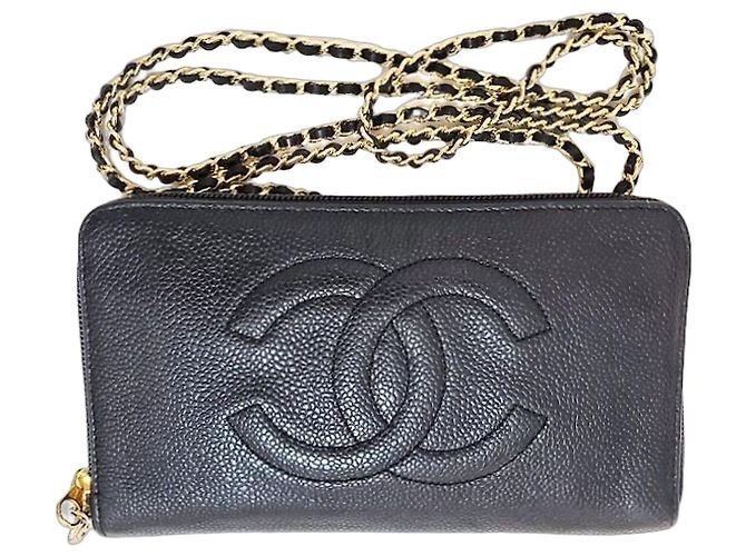 Chanel Timeless Classic Caviar Leather Zip Around Wallet On Chain Black