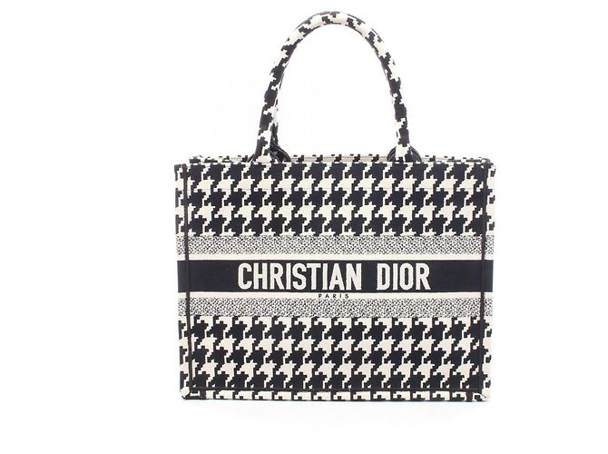 Christian Dior Medium Houndstooth Tote Bag Schwarz Weiß