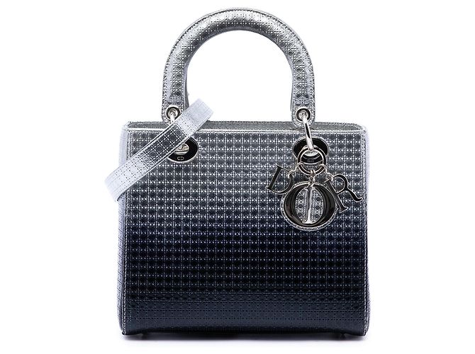Autre Marque Dior Silver Medium Ombre Metallic Patent Microcannage Lady Dior Argento