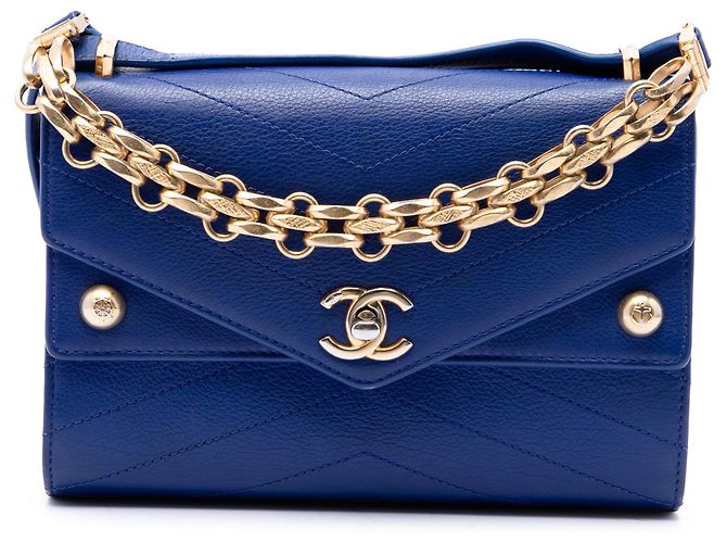 Chanel Blue Small Studded Chevron Calfskin Envelope Double Flap Bleu
