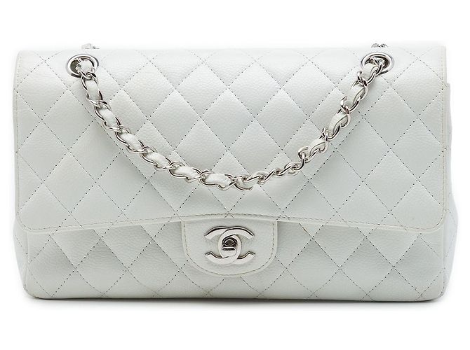 Chanel White Medium Classic Caviar Double Flap Branco Fora de branco